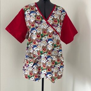 Colorful Cartoon Print Santa Snowman Reindeer Medical Scrub Top